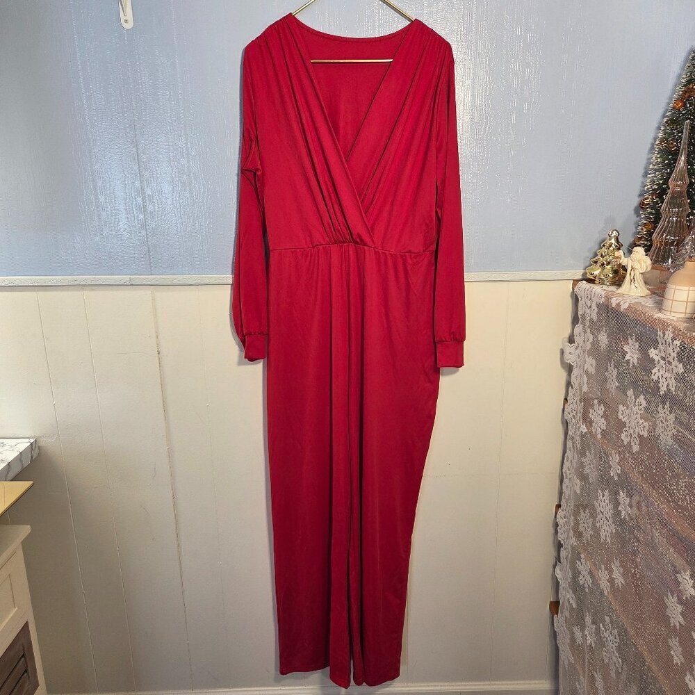Unbranded 2xl Vibrant Red Longsleeve V Neck Lightweight Casual Jumpsuit